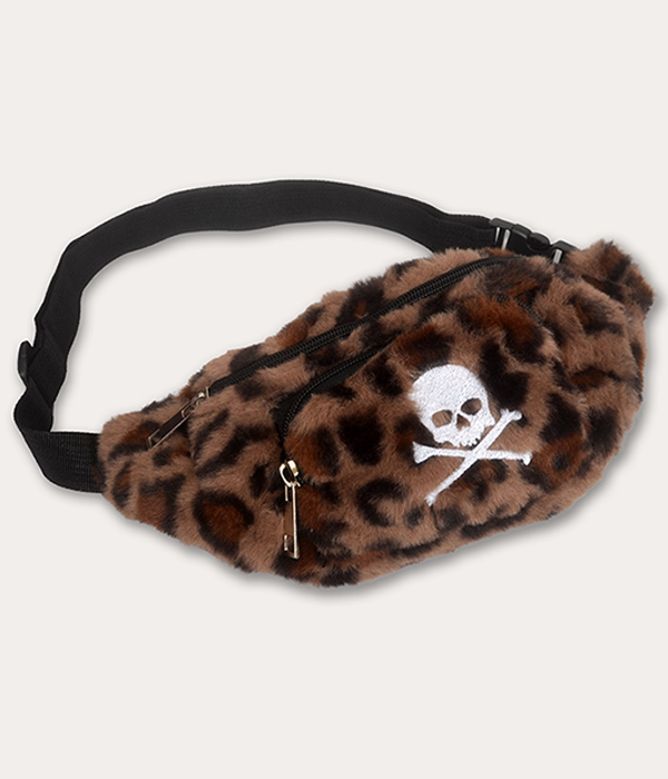 Brown and black furry leopard print bum bag with white embroidered skull and crossbones, black zips and adjustable strap.