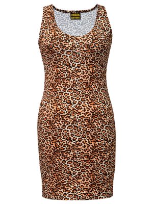 Leopard print women’s mini dress, sleeveless bodycon style, handmade in the UK by Poison Clothing.