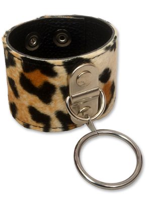 Leopard print O-ring wrist cuff made from faux fur and black PU leather, shown flat and fastened, with adjustable press studs and a large silver metal ring.