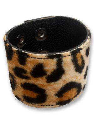 Leopard print wrist cuff made from faux fur and black PU leather, shown fastened with adjustable press studs.