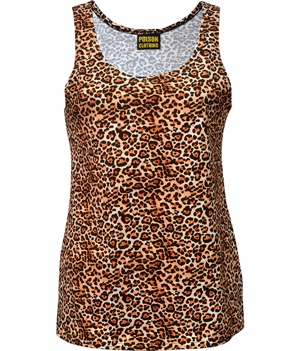 Leopard print women’s tank top, sleeveless and fitted, handmade in the UK by Poison Clothing.