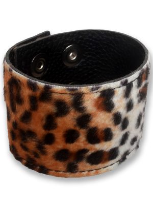 Classic leopard print wrist cuff made from faux fur and black PU leather, shown fastened with adjustable press studs.
