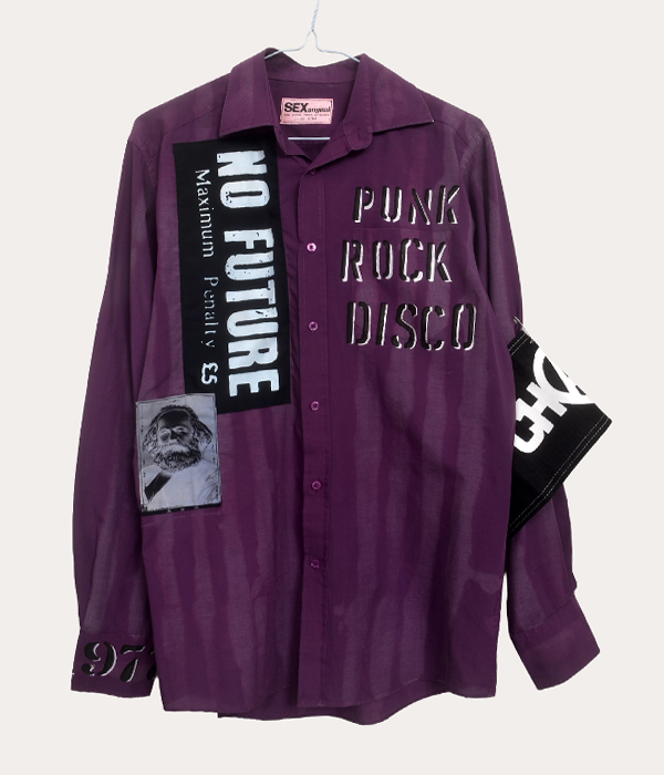 Men’s one-off Seditionaries reproduction shirt in purple with No Future and Punk Rock Disco graphics