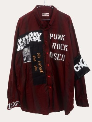 Men’s one-off Seditionaries reproduction shirt in burgundy with Destroy, Punk Rock Disco, and No Future For You graphics