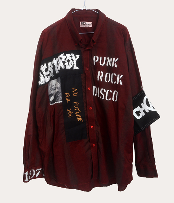 Men’s one-off Seditionaries reproduction shirt in burgundy with Destroy, Punk Rock Disco, and No Future For You graphics