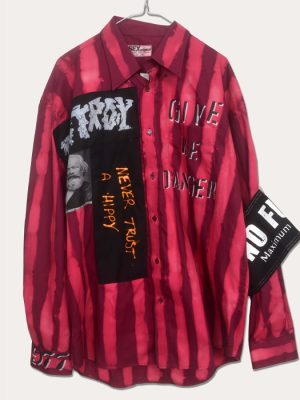 One-off pink and burgundy Seditionaries style long sleeve punk shirt with Give Me Danger stencil lettering, Destroy appliqué, portrait panel and layered black fabric details.