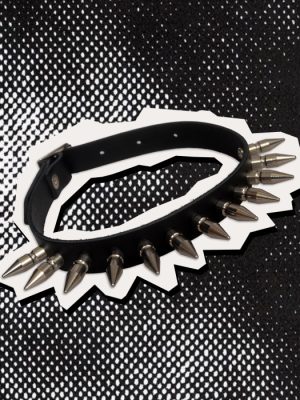 Black punk collar featuring long, pointed silver-tone metal spikes arranged along a wide black strap with an adjustable fastening. Photographed against a black and white textured background.