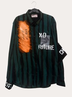 Men’s Seditionaries reproduction shirt with blue and black stripes, No Future text, and punk graphic patches on the front
