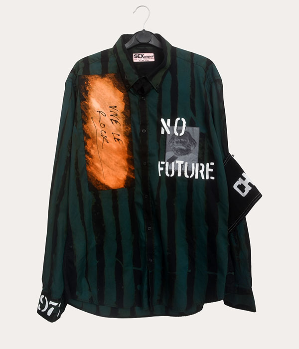 Men’s Seditionaries reproduction shirt with blue and black stripes, No Future text, and punk graphic patches on the front