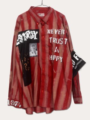 One-off burgundy and red Seditionaries style long sleeve punk shirt with hand-stencilled Never Trust A Hippy lettering, Destroy fabric appliqué panels and distressed graphic details.