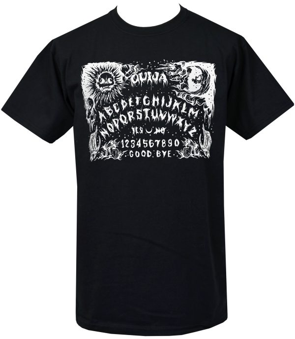 Black men’s t-shirt with a large white Ouija board print including skulls, spirits, sun, moon, and swirling gothic elements.