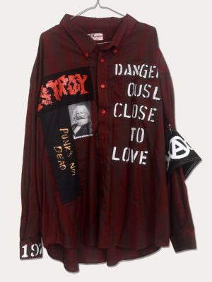 One-off dark burgundy Seditionaries style long sleeve punk shirt with white Dangerously Close To Love stencil lettering, red Destroy appliqué, portrait panel and Punk’s Not Dead detailing.