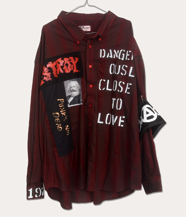 One-off dark burgundy Seditionaries style long sleeve punk shirt with white Dangerously Close To Love stencil lettering, red Destroy appliqué, portrait panel and Punk’s Not Dead detailing.