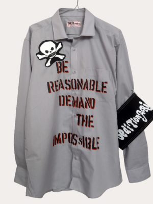 Men’s one-off Seditionaries reproduction shirt in grey with Be Reasonable Demand The Impossible text and skull graphic