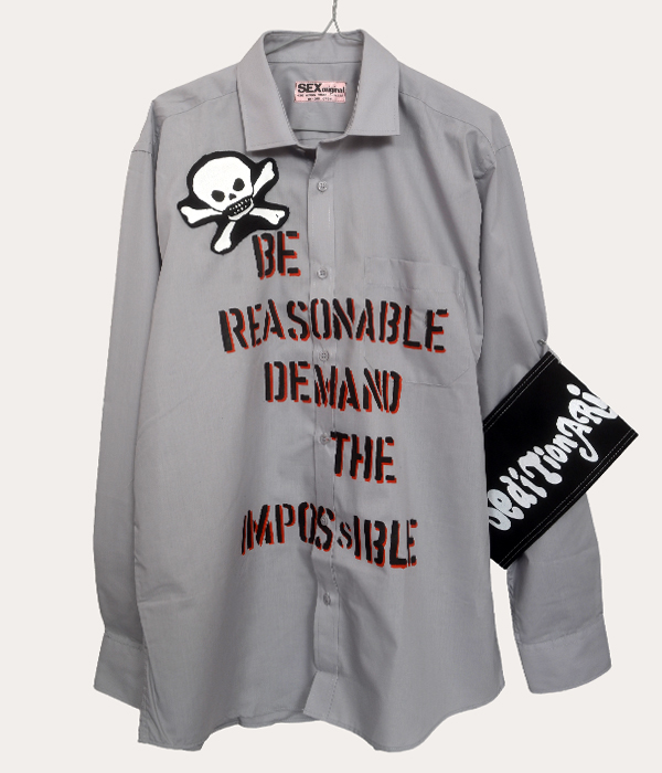 Men’s one-off Seditionaries reproduction shirt in grey with Be Reasonable Demand The Impossible text and skull graphic