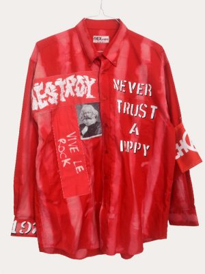 Men’s one-off Seditionaries reproduction shirt in red with Destroy, Never Trust A Hippy, and Vive Le Rock graphics
