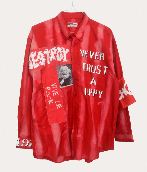 Men’s one-off Seditionaries reproduction shirt in red with Destroy, Never Trust A Hippy, and Vive Le Rock graphics