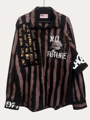 Men’s one-off Seditionaries reproduction shirt in black and brown stripes with No Future graphic and punk text details