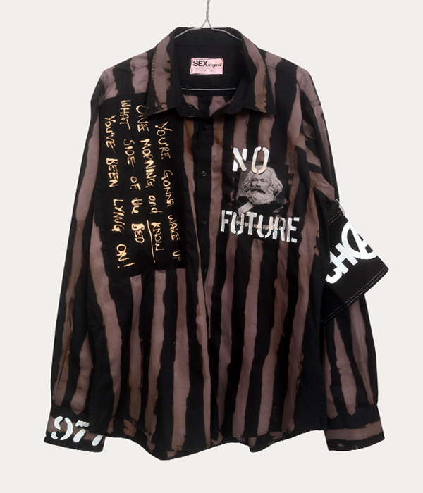Men’s one-off Seditionaries reproduction shirt in black and brown stripes with No Future graphic and punk text details
