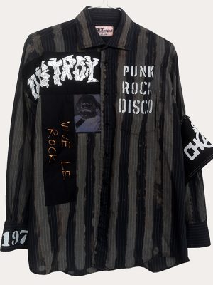 Men’s dark striped Seditionaries reproduction shirt with punk graphic panels and long sleeve button-up design