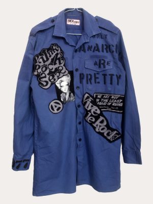 Men’s one-off Seditionaries reproduction shirt made from a vintage navy shirt with bold punk graphics and long sleeves
