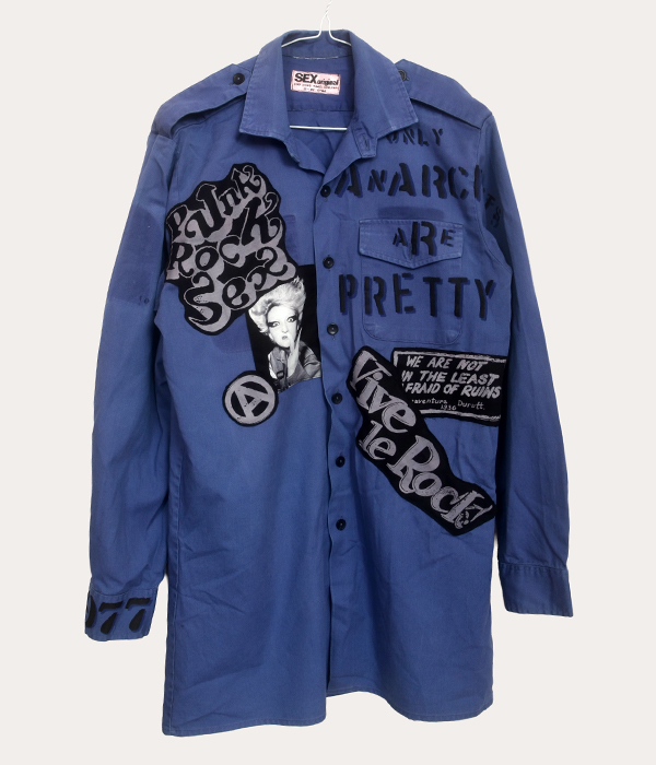 Men’s one-off Seditionaries reproduction shirt made from a vintage navy shirt with bold punk graphics and long sleeves