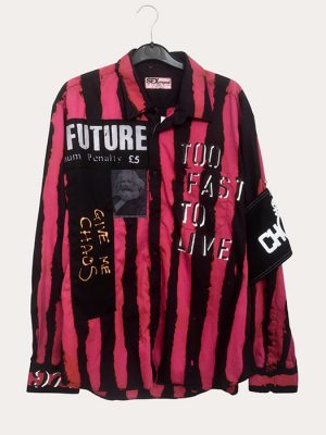 Men’s pink and black striped Seditionaries reproduction shirt with graphic text panels and long sleeve button-up design