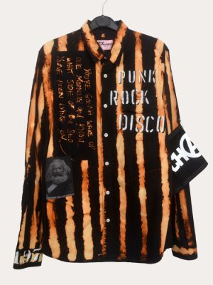 Men’s one-off Seditionaries reproduction shirt with black and orange hand dyed stripes and Punk Rock Disco graphics