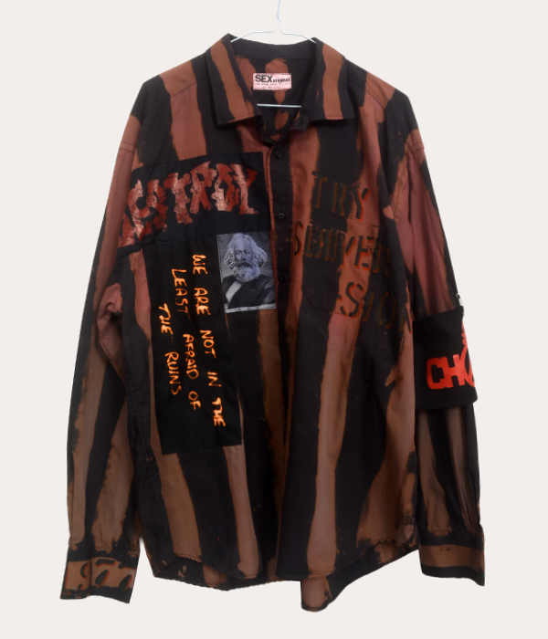 Men’s one-off Seditionaries reproduction shirt in black and brown with Destroy graphics and punk slogan details