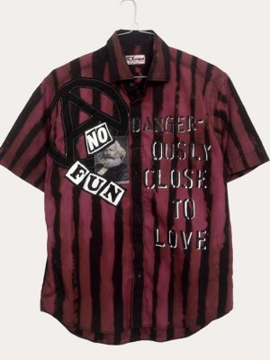 Men’s one-off Seditionaries reproduction shirt with dark pink and black hand dyed stripes, No Fun graphic, and Dangerously Close To Love text