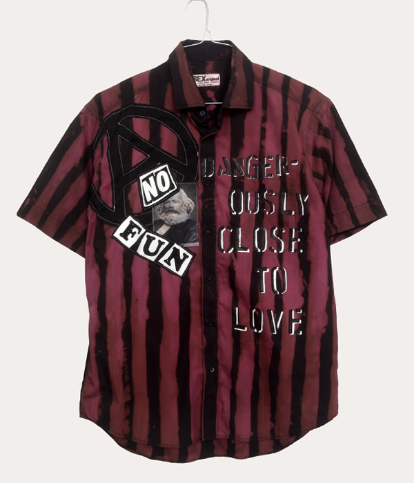 Men’s one-off Seditionaries reproduction shirt with dark pink and black hand dyed stripes, No Fun graphic, and Dangerously Close To Love text