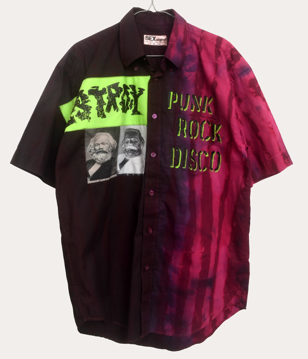 Men’s one-off Seditionaries reproduction shirt in black and magenta with Destroy and Punk Rock Disco graphics