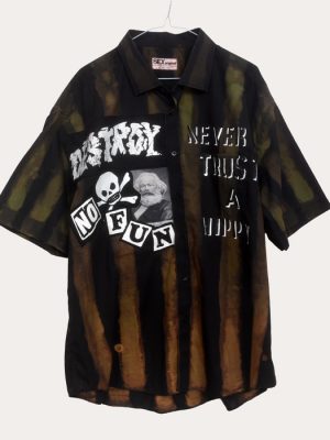 Men’s one-off Seditionaries reproduction shirt in dark hand dyed stripes with Destroy, No Fun, and Never Trust A Hippy graphics