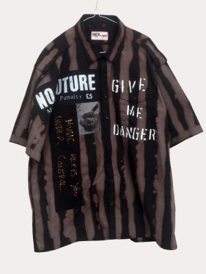 Men’s one-off Seditionaries reproduction shirt with black and brown hand dyed stripes and No Future Give Me Danger graphics