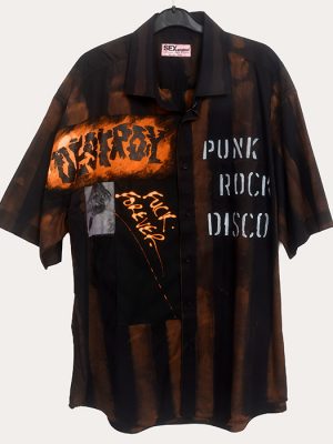 Men’s short sleeve Seditionaries reproduction punk shirt with distressed black and brown stripes and slogan graphics