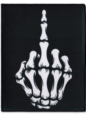 Black rectangular sew-on patch featuring a white skeleton hand making a middle finger gesture.