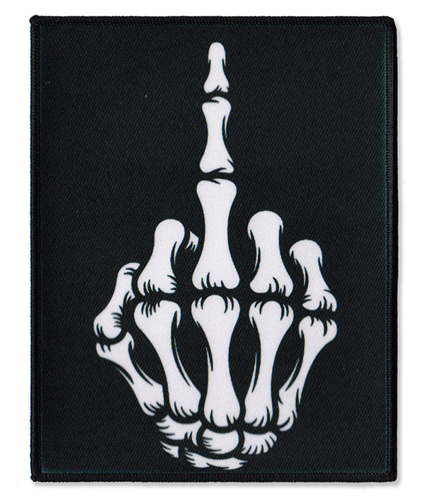 Black rectangular sew-on patch featuring a white skeleton hand making a middle finger gesture.