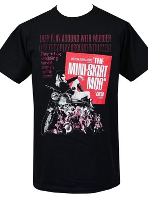 Black men’s T-shirt with red and pink Mini Skirt Mob biker-movie graphic featuring motorcycle imagery and vintage typography.