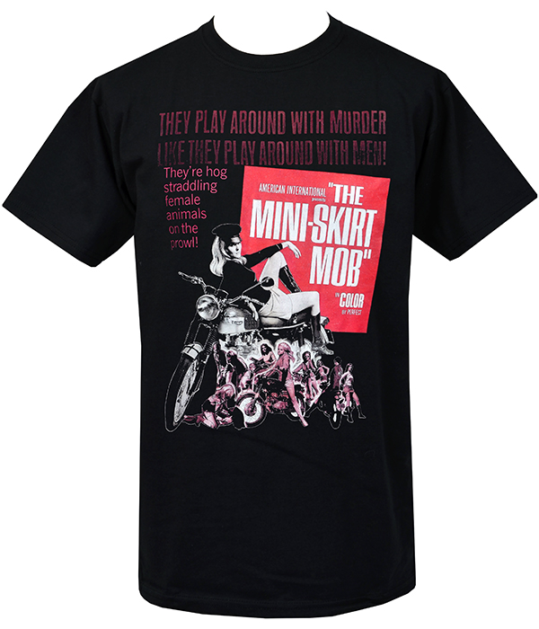 Black men’s T-shirt with red and pink Mini Skirt Mob biker-movie graphic featuring motorcycle imagery and vintage typography.
