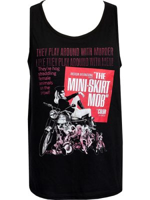 Black men’s tank top with red and pink Mini Skirt Mob biker-movie graphic and vintage typography.
