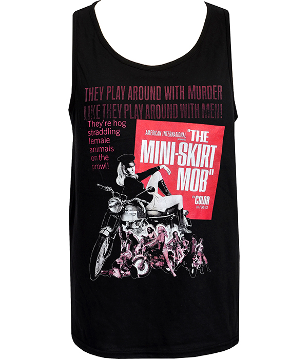 Black men’s tank top with red and pink Mini Skirt Mob biker-movie graphic and vintage typography.