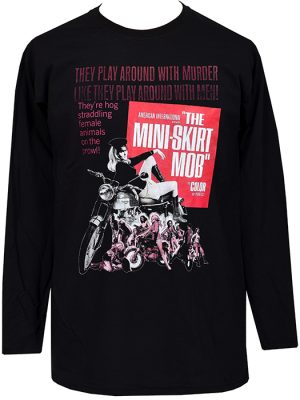 Black men’s long sleeve T-shirt featuring bold pink and white Mini Skirt Mob retro biker-movie artwork on the front.
