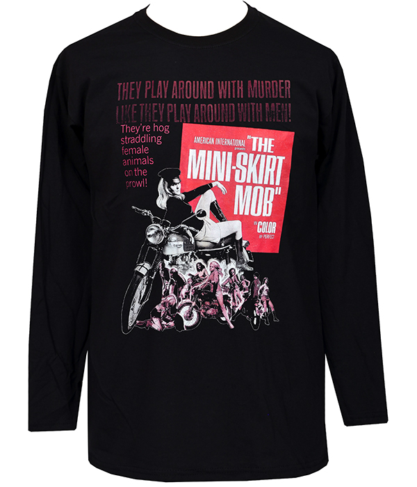 Black men’s long sleeve T-shirt featuring bold pink and white Mini Skirt Mob retro biker-movie artwork on the front.