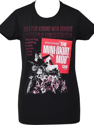 Black women’s fitted T-shirt with pink and white Mini Skirt Mob retro biker graphic on the front.