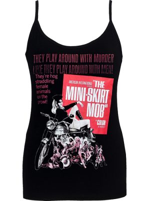 Black women’s strappy tank top with red and pink Mini Skirt Mob biker-movie artwork.