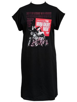 Black women’s T-shirt dress with red and pink Mini Skirt Mob biker-movie graphic and vintage typography.