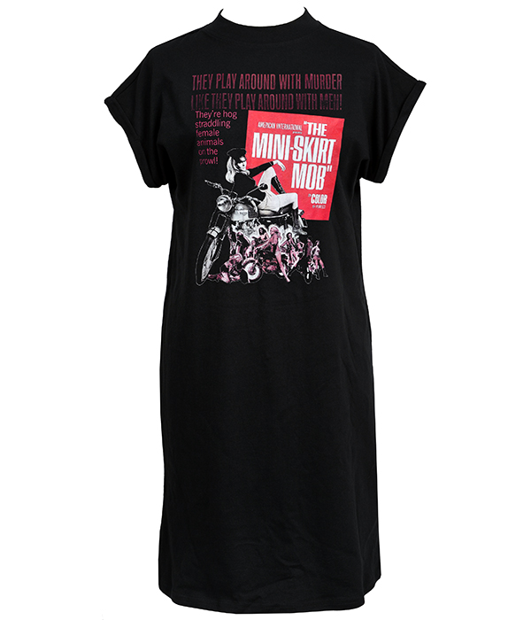 Black women’s T-shirt dress with red and pink Mini Skirt Mob biker-movie graphic and vintage typography.
