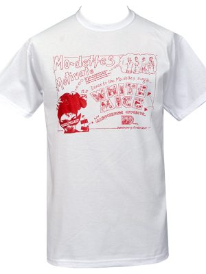White T-shirt featuring red Mo-Dettes White Mice single artwork printed on the front.