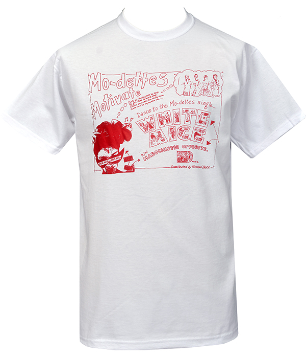 White T-shirt featuring red Mo-Dettes White Mice single artwork printed on the front.