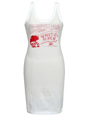 White sleeveless tank dress featuring red Mo-Dettes White Mice single artwork printed on the front.